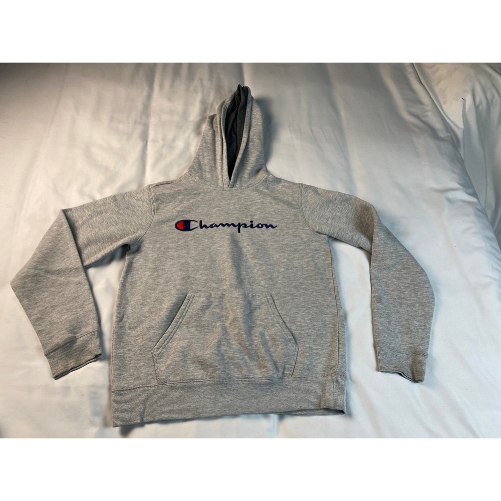 Champion Script Logo Hoodie Boys XL Gray Excellent Pullover Sweatshirt